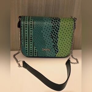 Green and Blue Patterned "O-bag" Shoulder Bag With Silver Toned Chain